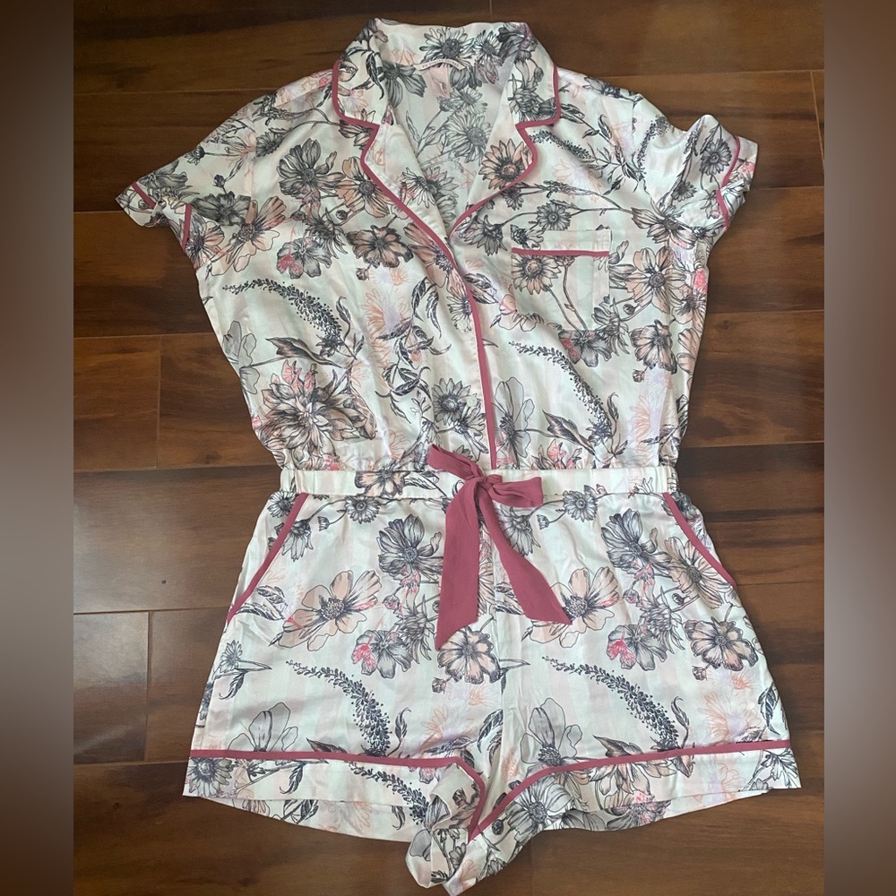 Victoria's Secret White Floral Pajama Romper with Pink Trim